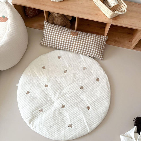 MOJUN 33.5" Baby White Bear Embroidered Play Mat, Cotton Crawling Mat, Detachable Washable Floor Rug Soft Kids Room