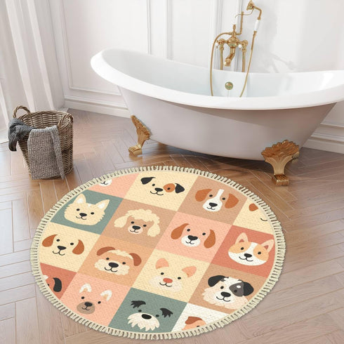 DNEWYNPABV 4 Round Boho Rug Cute Dogs for Kids and Baby Animals Nursery Poster for Greeting Cards Area Rug Linen Rug