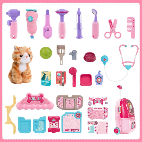 MAGIC4U 29PCS Set, 3-12 Pet Cat Care Carrier Suitcase Toy, Vet Clinic and Doctor Kit for Kids, Pet Kitty Grooming