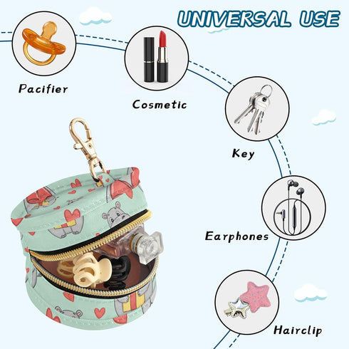PYBUG Hippos Round Pacifier Storage Case, Polyester & TPU Lined with Hook Buckle, Pacifier Container Box for Baby