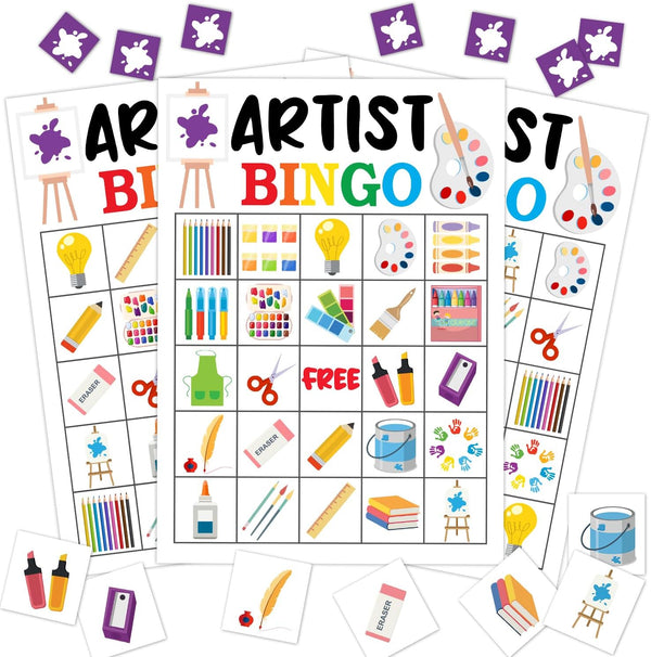 Artist Party Bingo Game, 24 Player Art Bingo Cards Set for Family Activities, Painting Party Supplies
