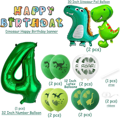 Dinosaur 4th Birthday Decorations, Large Foil Balloons, Happy Birthday Banner, Number 4 Balloon