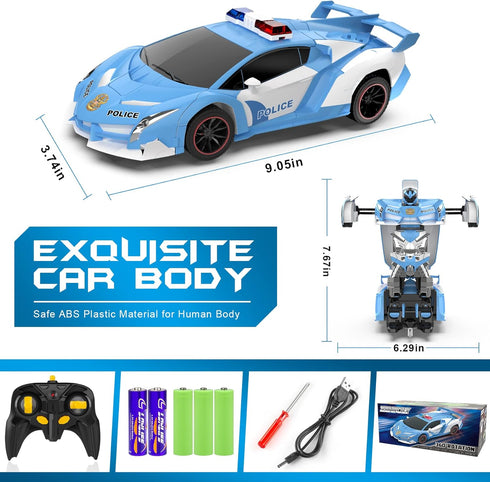 Transforming Police Car RC Toy, 1:18 Scale with Flashing Lights, 360° Rotation for Kids Age 4-12