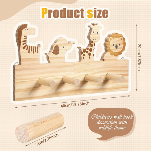 RattanView Safari Animal Decorative Wall Hook for Kids Jungle Forest Animals Wooden Coat Hook Hanger for Baby Nursery