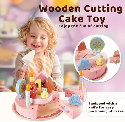Set, Sets 3-5, 4 5 HERSITY Wooden Birthday Cake Play Wooden Food for Play Kitchen Toy Tea for Toddlers Kids Pretend