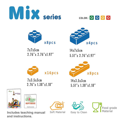 UNiPLAY Mix Soft Building Blocks - 36-Piece Set for Infant Learning, Cognitive Development, Toddler Play