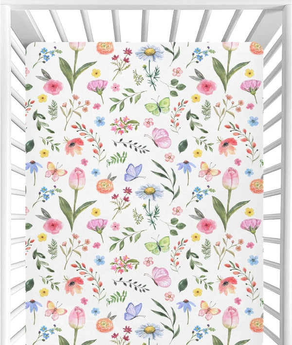 CaTaKu Baby Crib Sheets Tulip Wildflower Butterflies Mini Crib Sheets Fitted for Girls