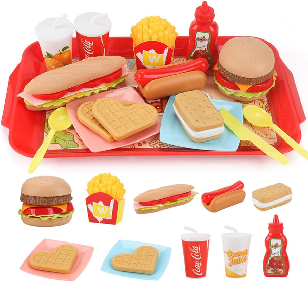 Pretend Play Food Set for Children, 15 PCS Removable Fast Food Playset with Tray