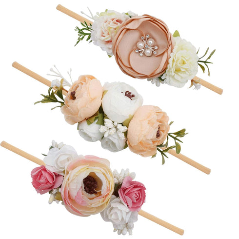 Baby Girl Floral Headbands - 3pcs Handmade Nylon Headband Flower Crown, Newborn Toddler Hair Accessories