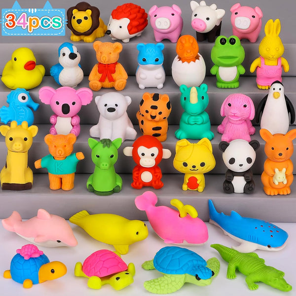34 Pack Animal Pencil Erasers for Kids - Bulk Desk Pet Toy, 3D Mini Puzzle Erasers, Treasure Box Toys Game Prize