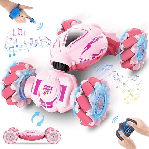 Pink RC Car Toys for Girls Aged 6-12, Gesture Sensing Stunt Car with Lights Music for Birthday Gifts