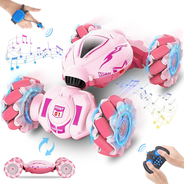 Pink RC Car Toys for Girls Aged 6-12, Gesture Sensing Stunt Car with Lights Music for Birthday Gifts