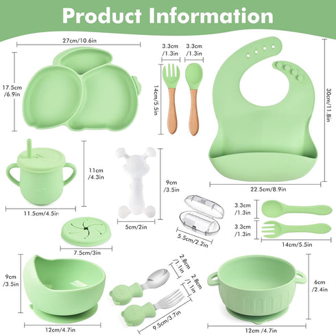 mraisebossup Set 15 Silicone Baby Feeding PcsBaby Spoons Suction Bowl Divided Plate Bib Cup Finger Brush Training