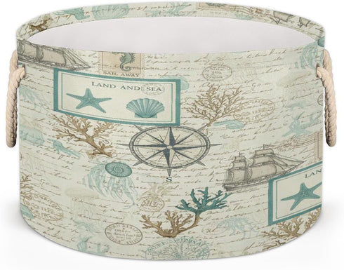 Drekrid Large Storage Baskets - Vintage Nautical Sailboat Nursery Round Collapsible Organizer Bin