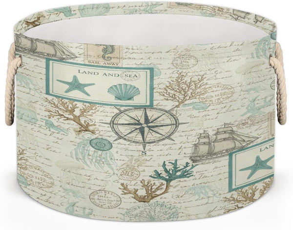 Drekrid Large Storage Baskets - Vintage Nautical Sailboat Nursery Round Collapsible Organizer Bin