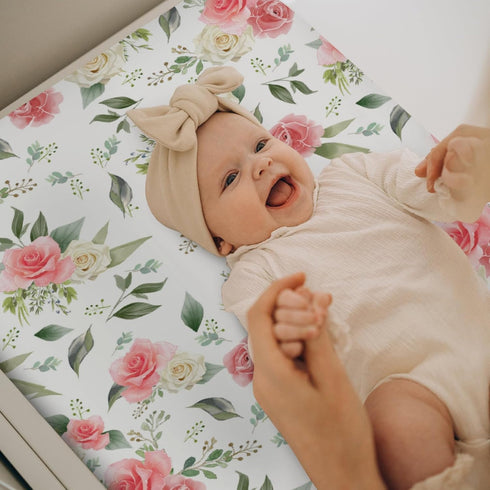 ZoUbqchY Summer 32''16'' Bloom Rose Green Leaves Changing Pad Coves for Baby Girl Boy Boho Floral Fitted Change Table