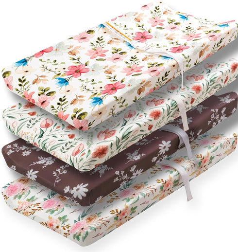 FIGEPO 4 Pack Baby Girl Changing Pad Covers Sheets Set Soft Fitted Floral