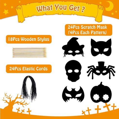 MGparty Halloween Crafts, 24PCS Rainbow Scratch Mask Magic Scratch Paper Art for Kids Birthday Classroom Decoration