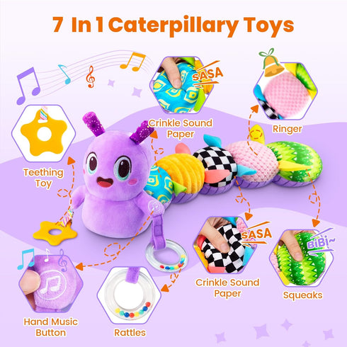 0-6 10 0-6, 6-12 Tummy Baby Toys Months, Washable Baby Musical Caterpillar Toys with Kid's Song,Rattles,BabyTeething
