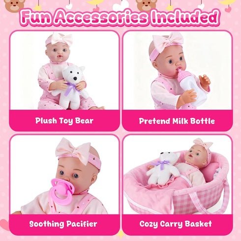 12" Set, 1-3 AuntyFey Baby Doll Baby Doll Bassinet with Accessory for Girl Toddlers with Bottle, Teddy Bear, Pillow