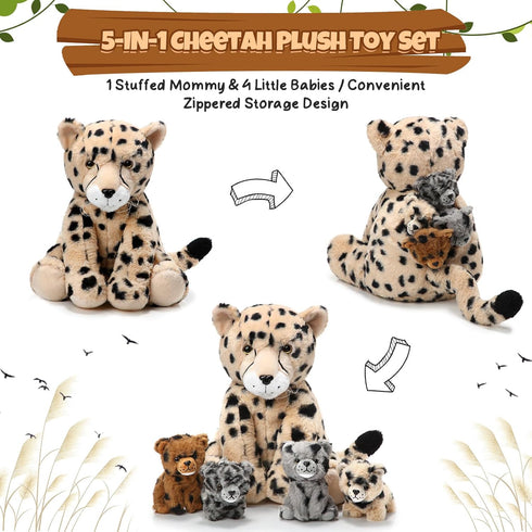 5 Set Mommy 4 Tummy Silipull Pcs Cheetah Stuffed Animals Large Cheetah Plush with Soft Cuddly Baby Cubs in Her for Boys