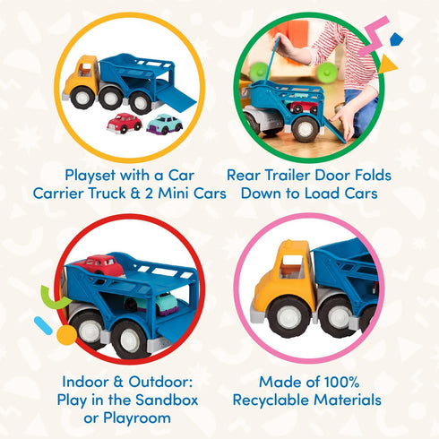 Battat Wonder Wheels Toy Carrier Truck & 2 Toy Cars, Toy Truck Playset for Kids, Recyclable Materials