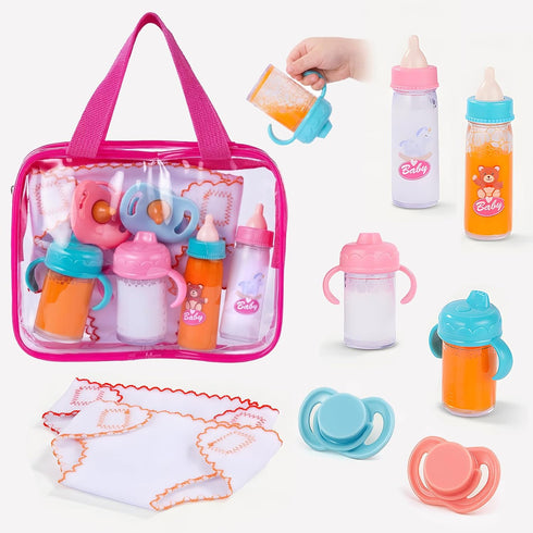 BABESIDE Baby Doll Accessories 9 Pcs Feeding Set with Magic Bottles, Pacifiers,