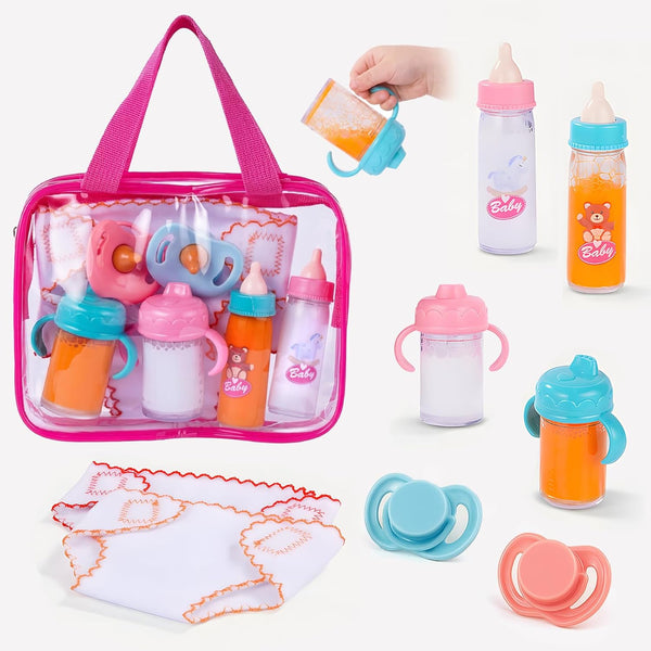 BABESIDE Baby Doll Accessories 9 Pcs Feeding Set with Magic Bottles, Pacifiers,