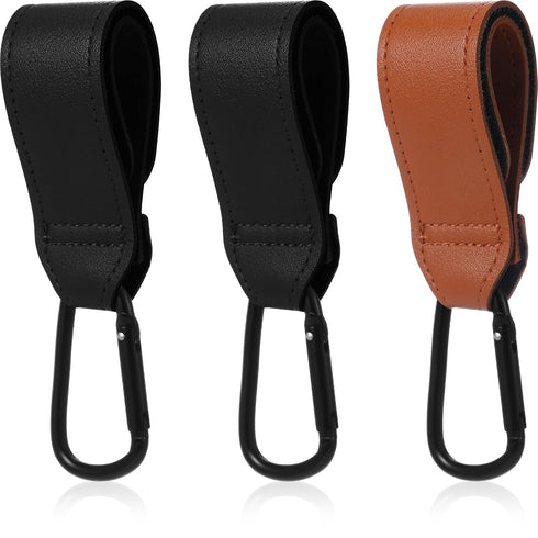 Colingmill 3 Pieces Stroller Hooks, Black and Brown Hanging Multi Functional Strap with