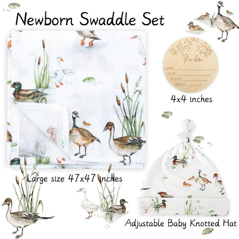Set LifeTree Muslin Swaddle Blankets, Muslin Baby Boy Swaddle Blanket and Hat with Birth Announcement Card, Newborn