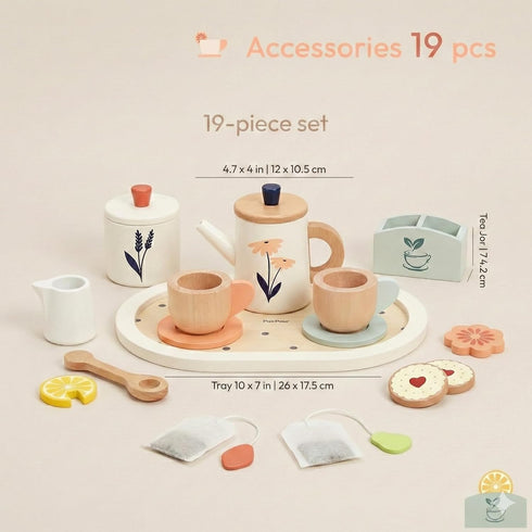 Set 19-Piece Set 3+ PairPear Wooden Tea for Kids, Pretend Tea Time Play with Tray, Wooden Tea Toys for Toddlers