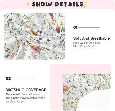 Crib Sheets for Girls Boys, Wildflower Boho Baby Sheets, Neutral Toddler Mini Crib Mattress, 27"x39"