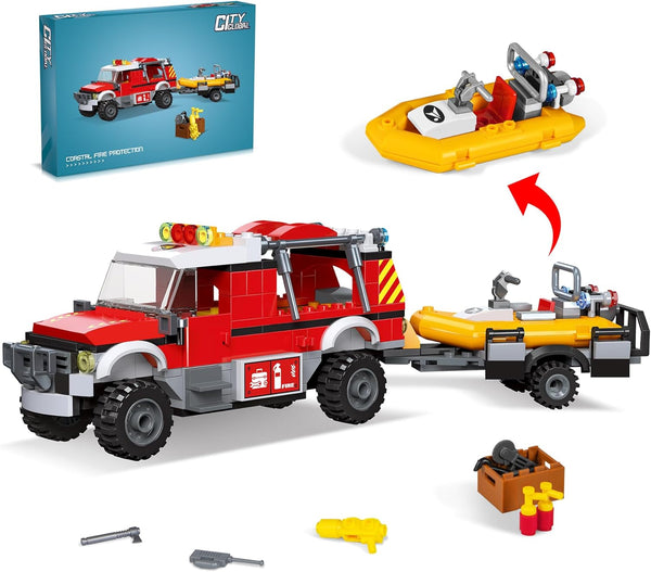 City Fire Truck Building Set with Rescue Boat Building Blocks - Educational