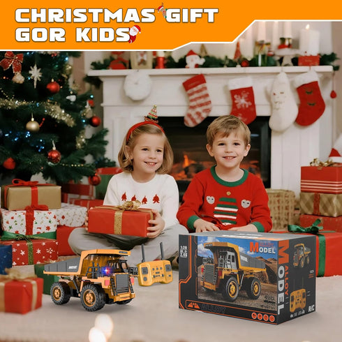 13-Channel 2.4GHz 3+ Remote Control Dump Truck Toy, Rc Construction Vehicles with Metal Bed & Light, RC Truck for Kids