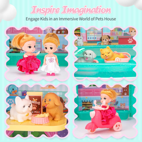 randhar Set, 31PCS 2Dolls, 6Little 3+ Dollhouse of Pets Toy Play Foldable Pets Doll House with Includes Motor, Pool