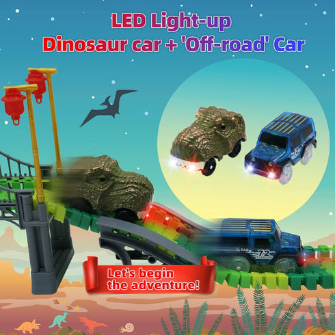 Dinosaur World Race Track Toys - 216pcs Flexible Track Playset with 1 Dinosaur Car, 1 Race Car, 6 Dino Toys