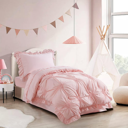 4 Set Pinch Set HOMBYS Pieces Pink Princess Toddler Bedding for Girls Kids, Ultra Soft Blush Pleat Comforter