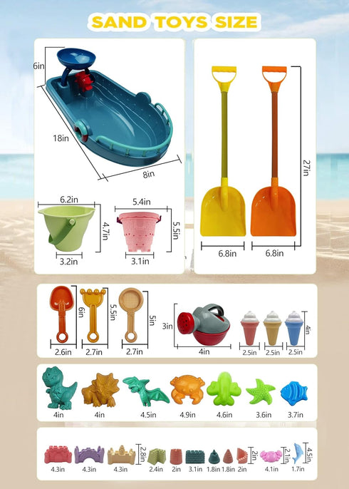 Set 31 IOKUKI Long Shovels Sand Toys with Mesh Bag Including Bath Boat, Castle Building Kit Beach Buckets, Shovels