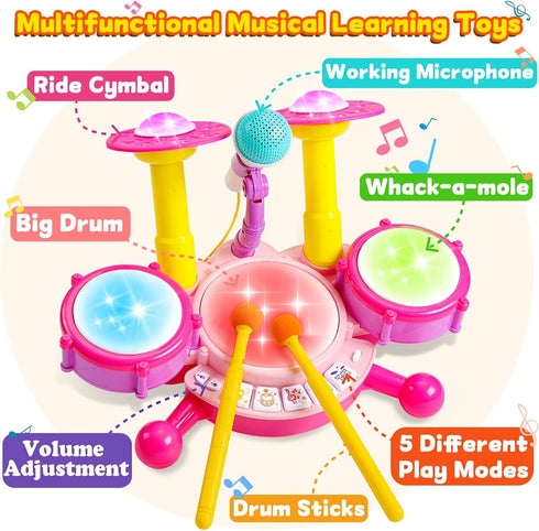 Kids Drum Set for Toddlers 1-3 - Musical Baby Girl Toys, Educational Microphone Instruments for 1 Year Old Gifts