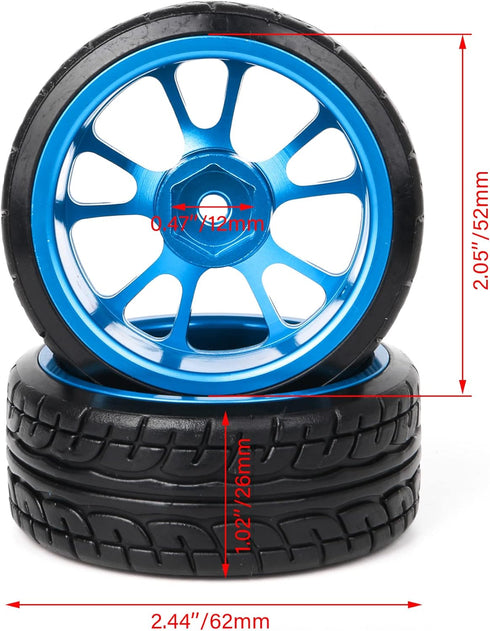Mxfans 4Pcs Plastic Tires & Blue 10-Spokes Aluminum Wheel Rims for RC 1:10 On-Road Car