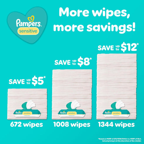 192 (3 Packs) Pampers Baby Wipes Sensitive, Water Based Wipes, Hypoallergenic and Unscented Wipes, Wipes Total Refill