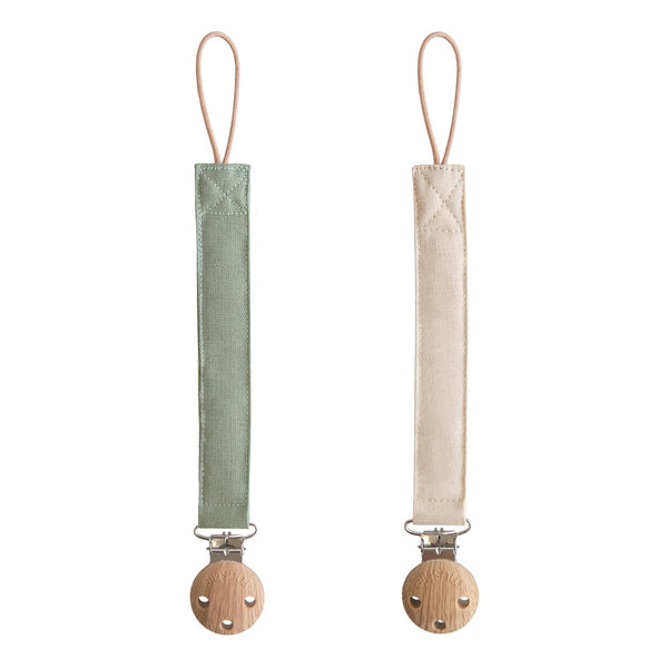 mushie Linen Baby Pacifier Clip Holder | Soft Fabric Strap, 2-Pack (Olive/Shifting