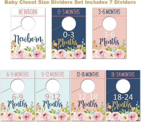 Baby Closet Organizer Size Dividers - Floral Nursery Wardrobe Hangers for Girl Clothes by Size or Age, 0-24 Months