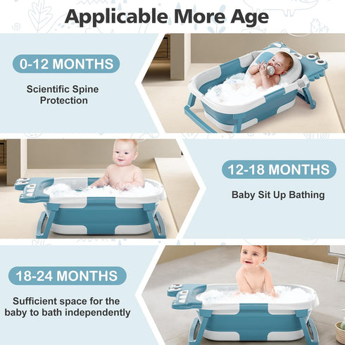0-36 Collapsible Baby Bathtub for Newborn, Foldable Baby Bath Tub with Thermometer & Soft Floating Cushion & Drain