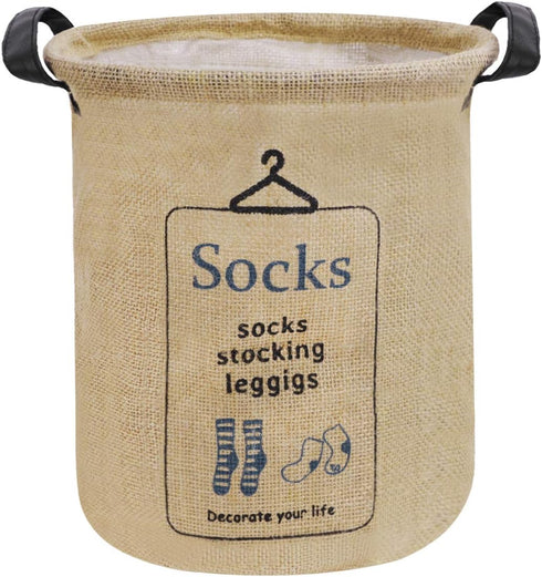 Pop-up Waterproof Cotton Linen Laundry Hampers, Foldable Round Storage Bucket, "SOCKS" Print