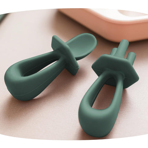 Tiny Twinkle Silicone Training Utensils, Baby Spoons and Forks for Self-Feeding, Baby Led Weaning Supplies (Olive)