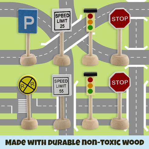 Kids Wooden Street Signs Playset, 14-Piece Set, Perfect for Car & Train Set, Wood Traffic Signs