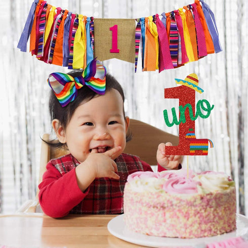 Mexican Fiesta 1st Birthday Party Decor, Highchair Banner, Glitter Cake Topper & Hair Bow for First Birthday
