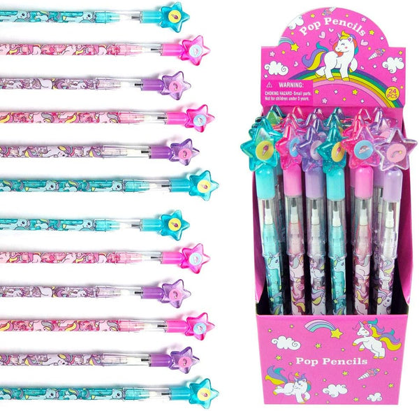TINYMILLS Unicorn Stackable Push Pencil Assortment, 24 Pcs with Eraser for Unicorn Pink Birthday Party Favor