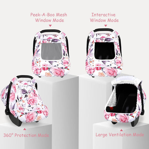 Winter Car Seat Cover Baby with Sunshade & Dual Zipper Windows - Minky Bubble Lined Windproof Soft Shell, Warm Newborn
